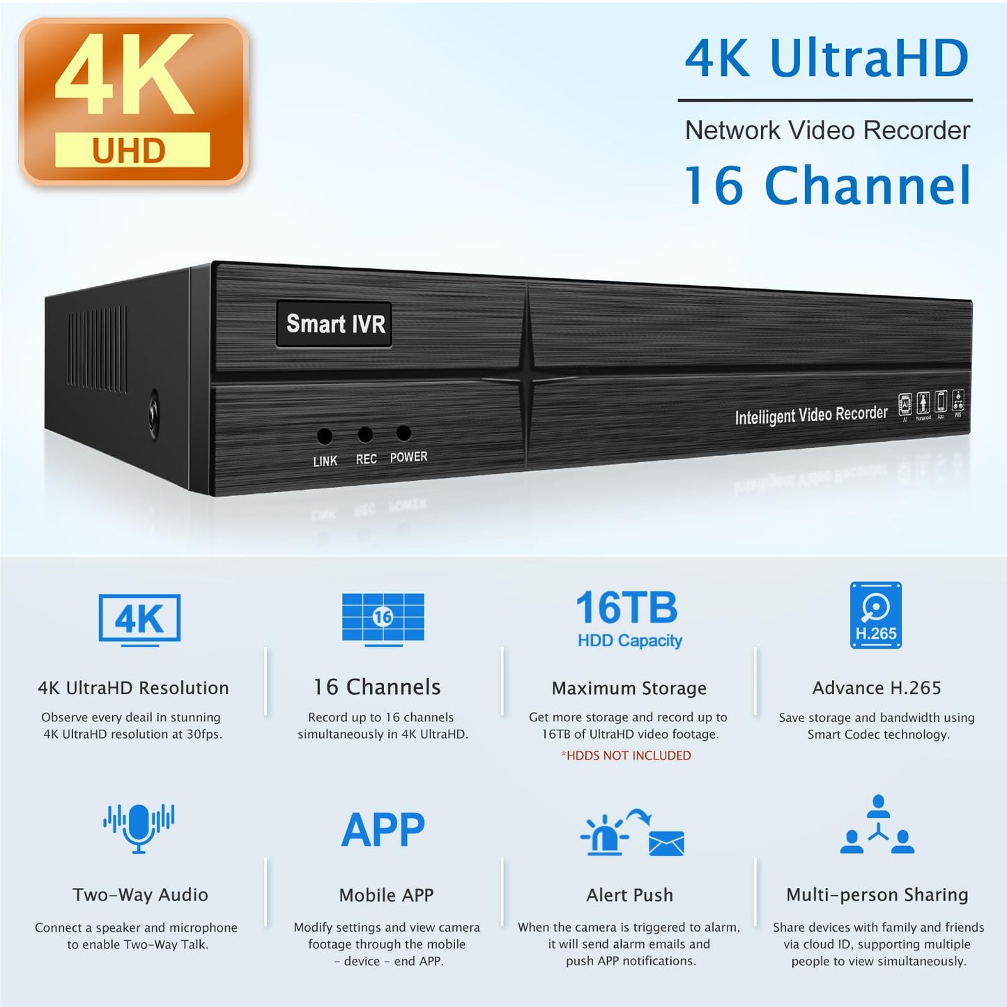 MWRCTV 4K 16CH Network Video Recorder 4K NVR for Security Camera System,Supports 8MP 5MP 4MP 2MP HD PoE IP Cameras,No Poe Port,UP to 16TB HDD(NOT