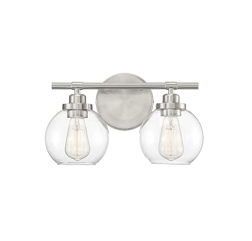 Savoy House 8-4050-2-SN Carson Mid-Century Modern Clear Glass Bathroom Vanity, 2-Light 120 Total Watts, 9" H x 14" W, Satin Nickel
