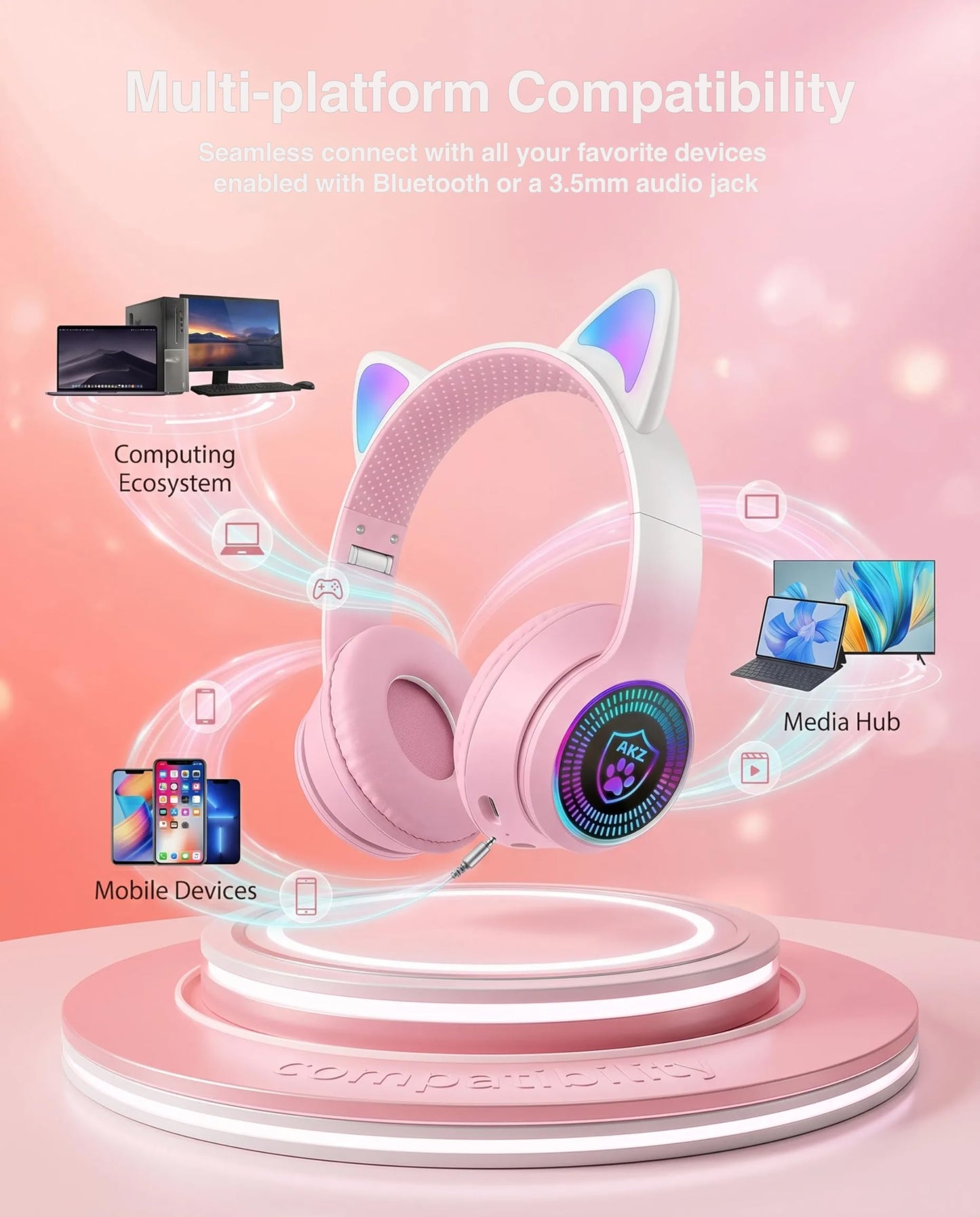VIGROS Cat Ear Gaming Bluetooth 5.3 Wireless Foldable Headphones with LED Light, Stereo Game Surround Sound Over-Ear Headsets with Microphone AUX