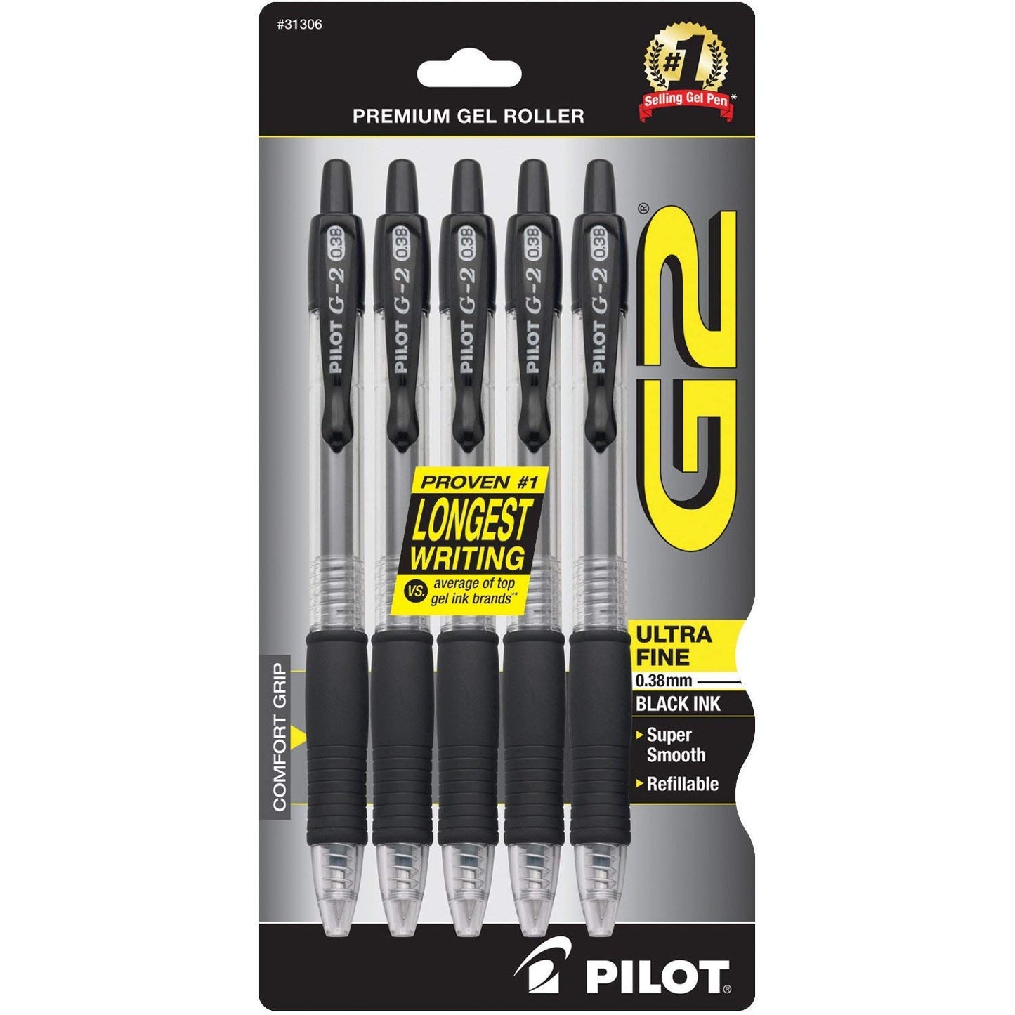 Pilot G2 Premium Refillable and Retractable Rolling Ball Gel Pens, Ultra Fine Point, Gel Ink Pens, 0.38mm, Black Ink, 5-Pack