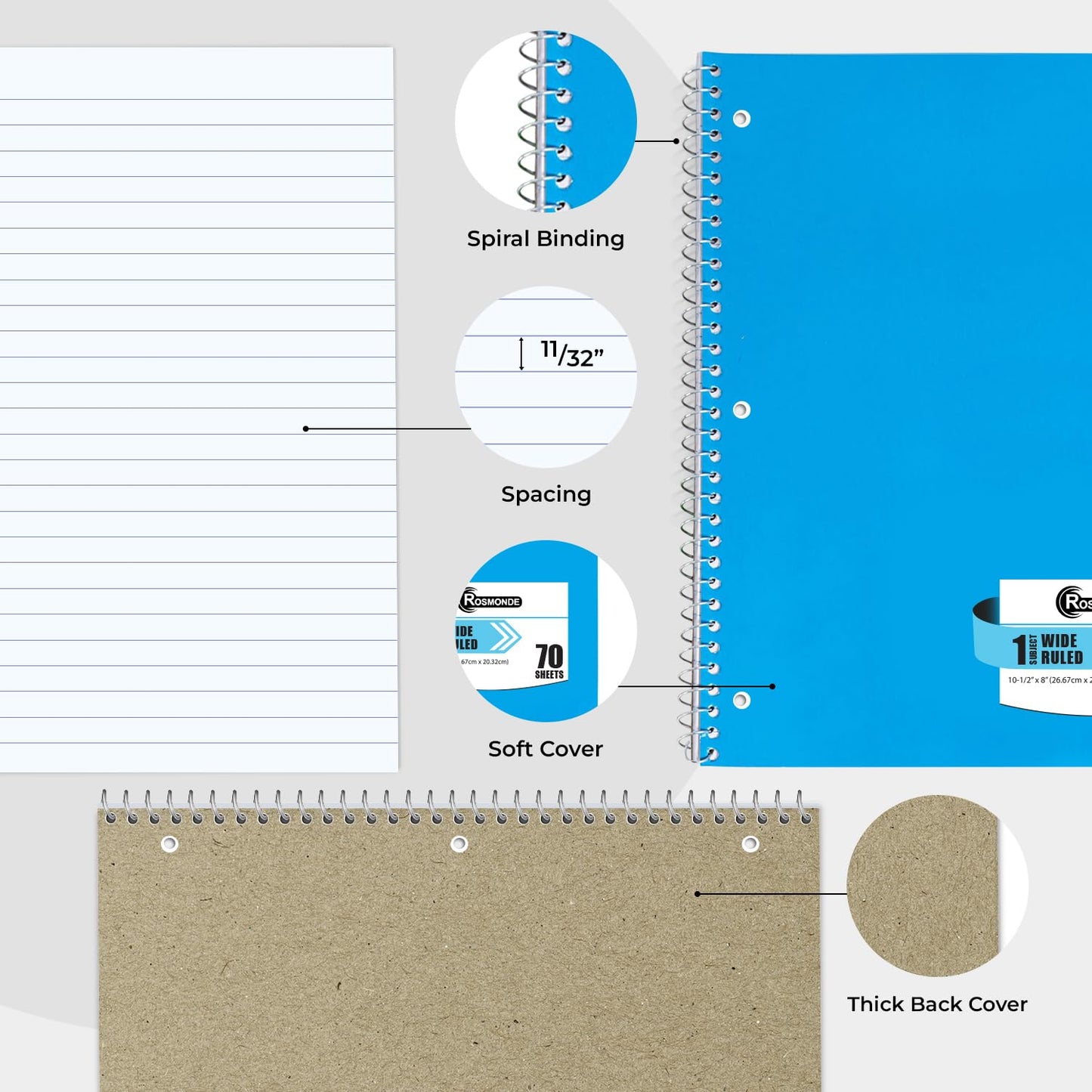 Rosmonde 3 Subject Spiral Notebook, 24 Pack, Wide Ruled, Water Resistant Cover, Thick 300 Pages (150 Sheets), 8 x 10-1/2, 3 Hole Punched, Colored