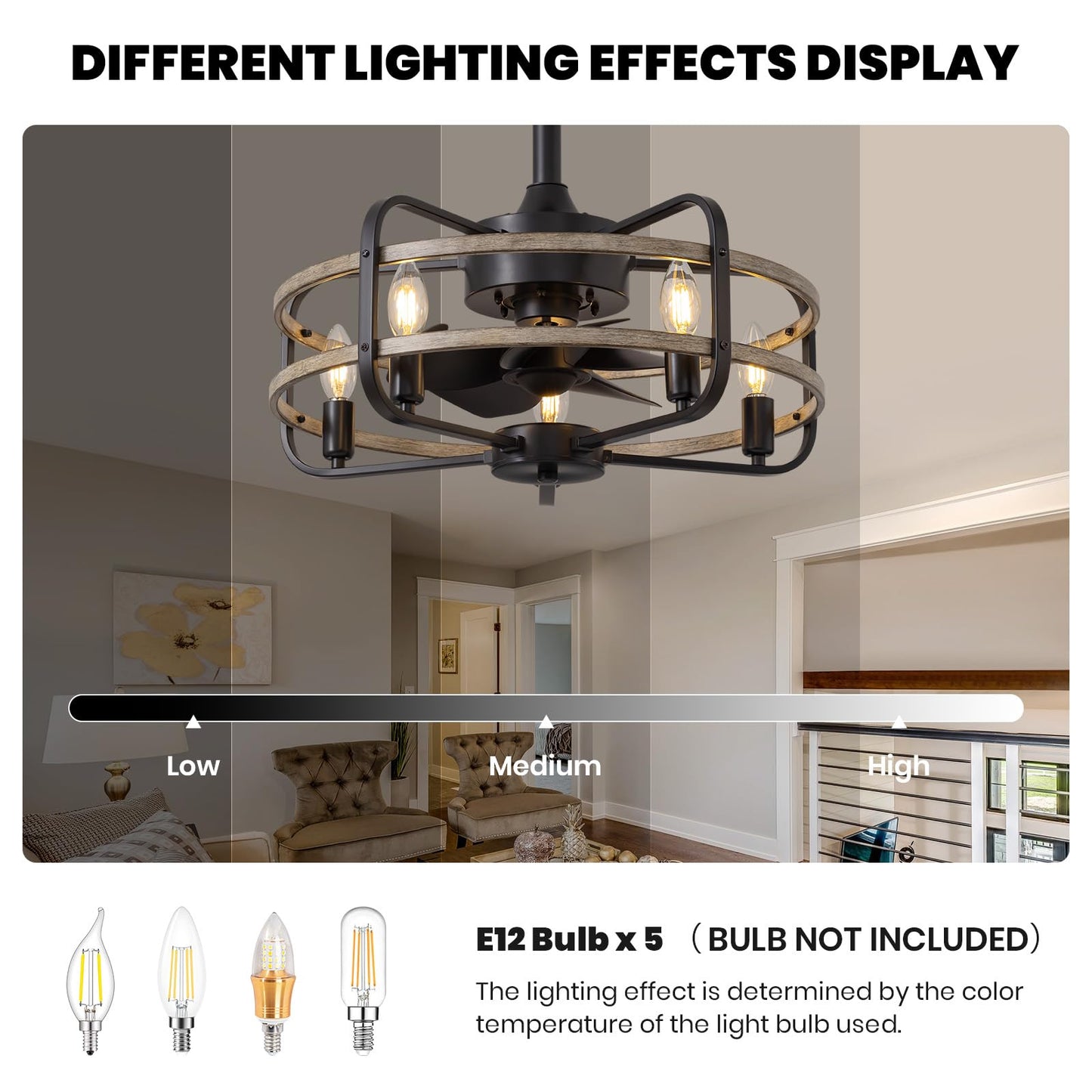 NOXARTE 20 Inch Caged Ceiling Fan with Light and Remote, Flush Mount Vintage Farmhouse Fandelier 6 Speeds Reverse Motor Rustic Bladeless Ceiling Fan