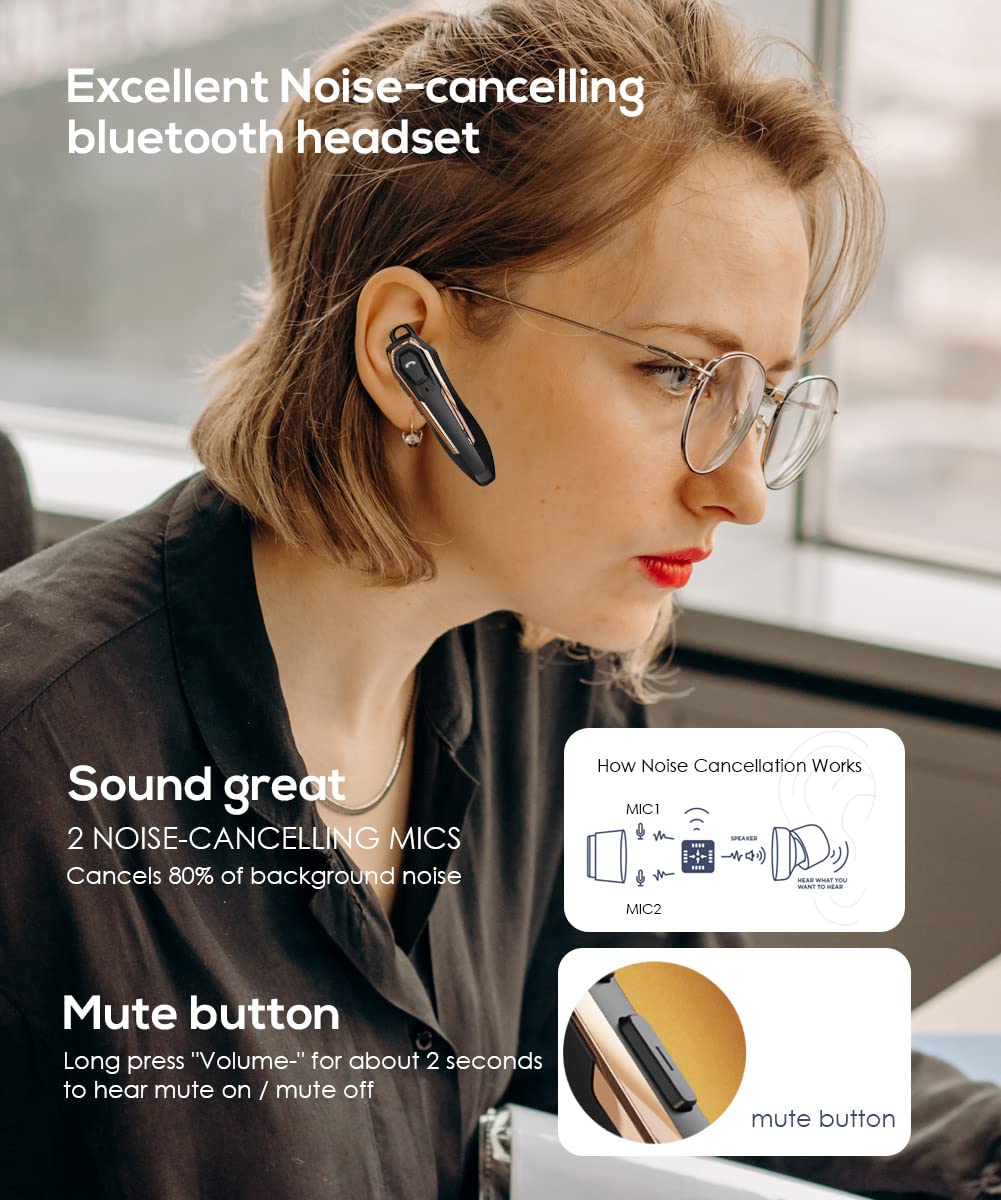 ZOUKAI Single Ear Wireless Bluetooth Headset, 30H Talking Time, Dual Noise Cancelling Mic Hands-Free Calls, Hands Free Earpiece, Call Reminder