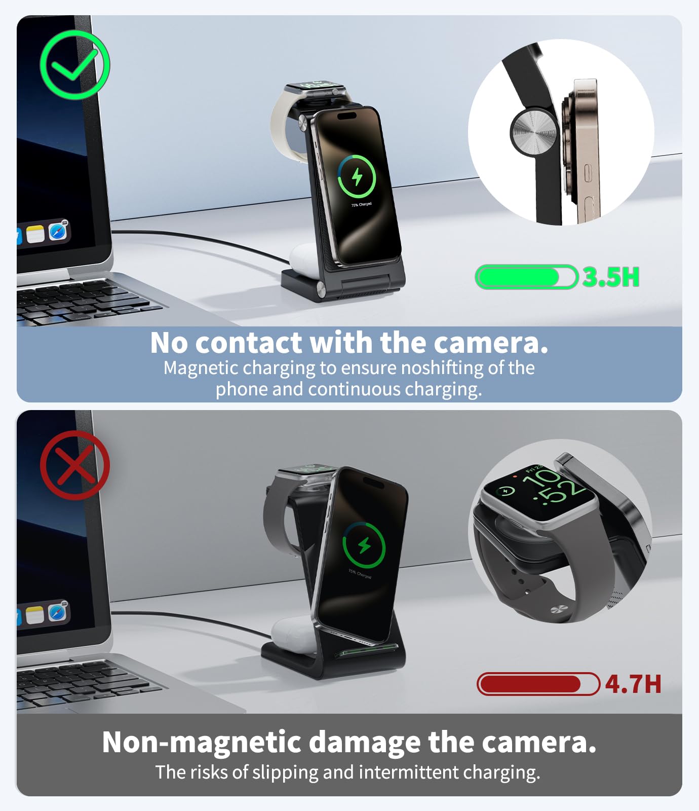 Magnetic Wireless Charging Station, 3 in 1 Fast Max Charging for iPhone 17 16 15 14 13 12 Pro Max Plus, Apple Watch, Air Pods Pro - Space-Saving