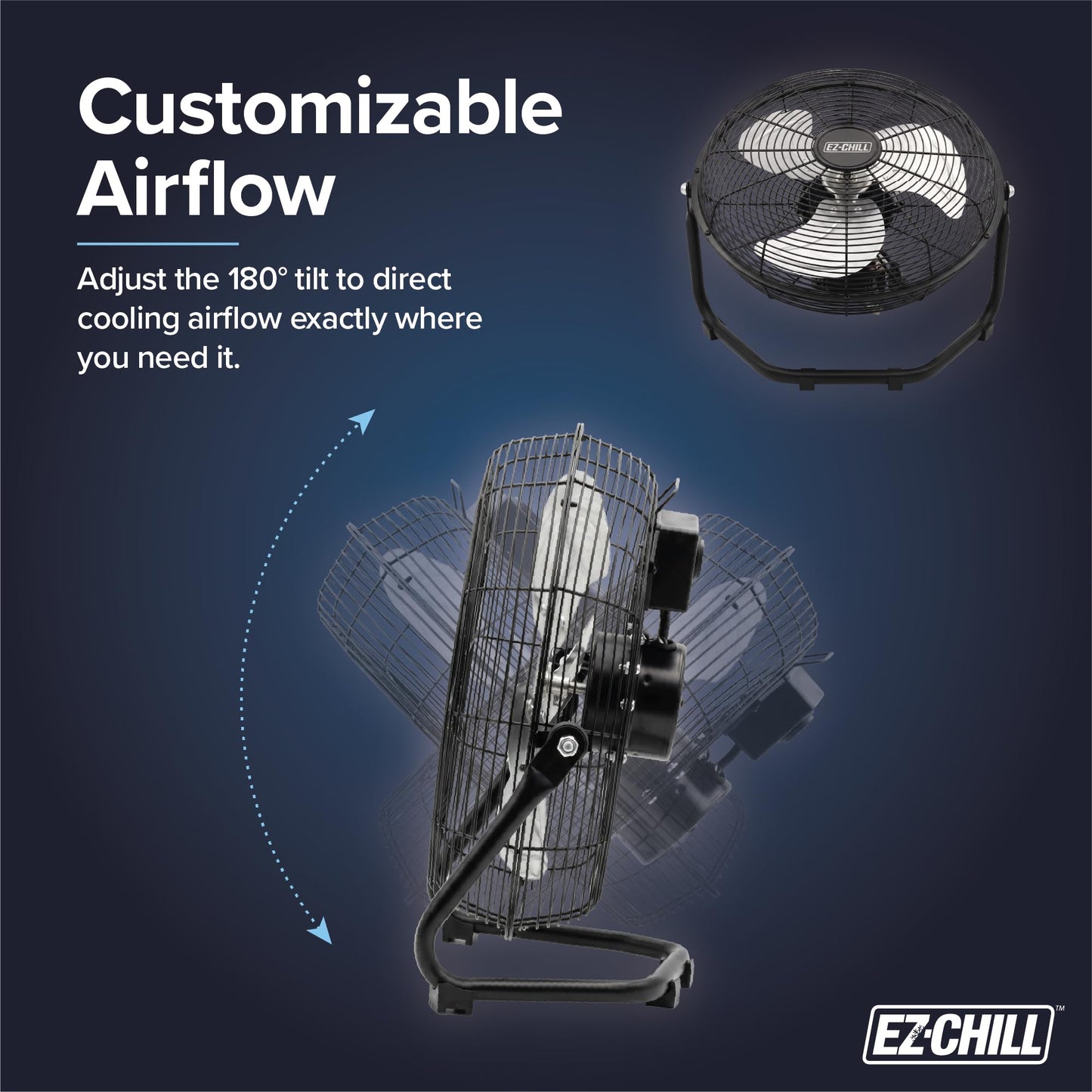 EZ-CHILL 12” Cradle Floor Fan, 3 Speed, High Velocity, 180 Degree Adjustable Tilt, All-Metal, Carry Handle, Rubber Feet, Airflow 15.42 ft/sec, Ideal