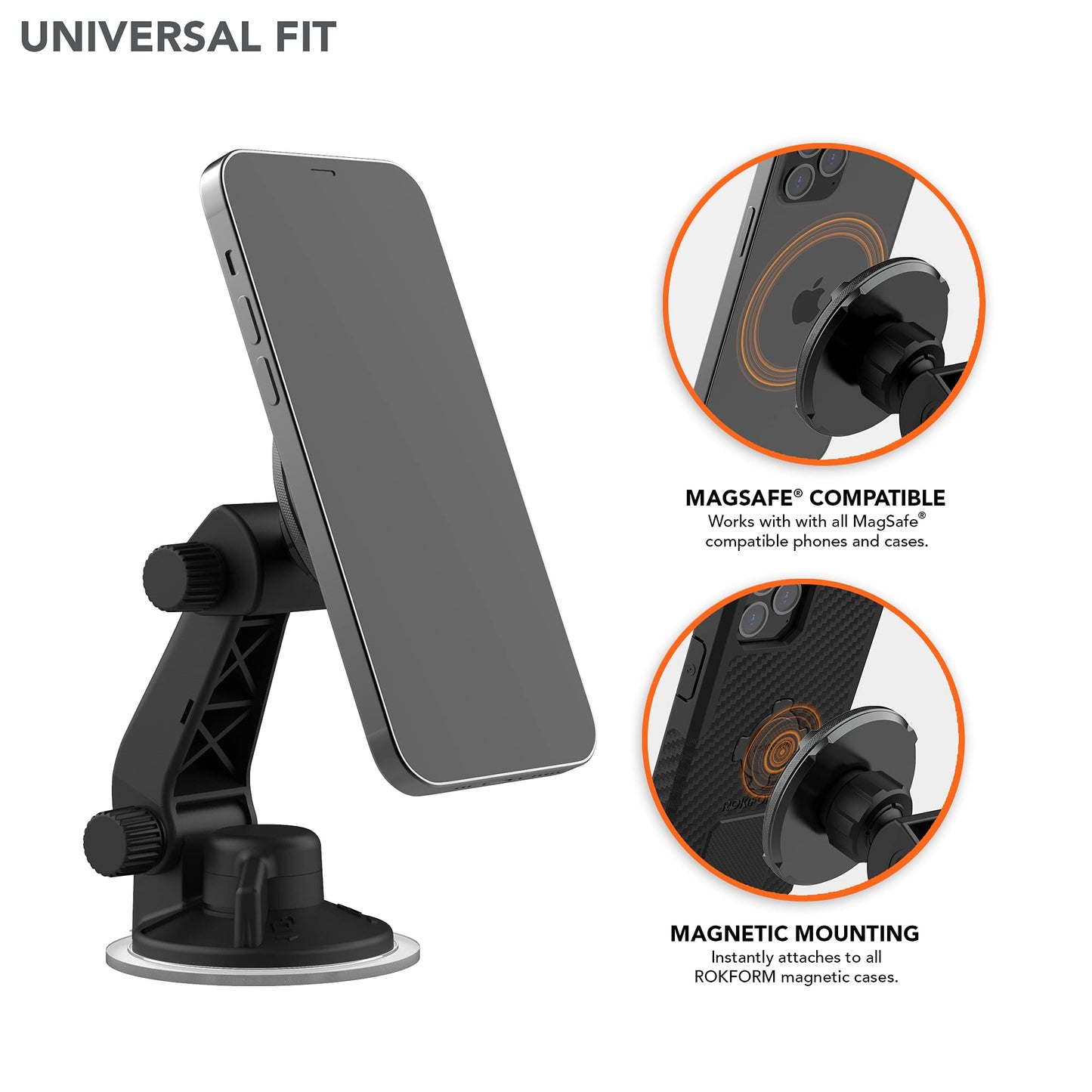 ROKFORM - Adjustable Magnetic Windshield Phone Holder, Compatible with MagSafe Phone Cases and Cases, Strong Suction Cup, 210° Tilt, 360° Rotation