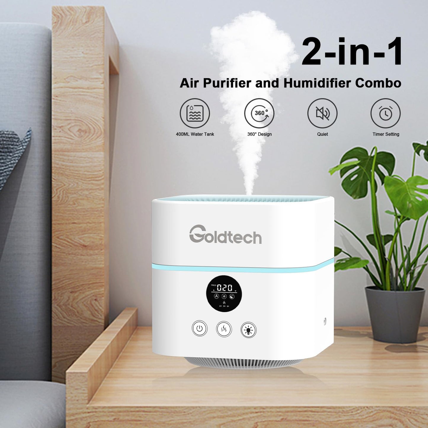 Goldtech Air Purifier and Humidifier Combo for Bedroom Up to 200Ft²,H13 True HEPA Filter Desk Air Purifiers with Smart WiFi,500ML Water Tank,LED