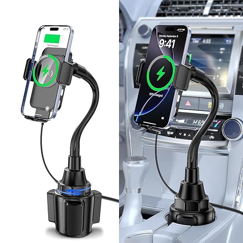 Cup Holder Phone Mount, [Auto Clamping] 2 in 1 Wireless Car Charger Holder Fast Charging, 15W with Quick Extension Long Arm, Fast Swivel Adjustable