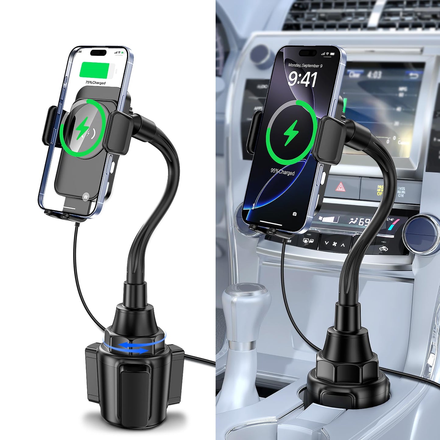 Cup Holder Phone Mount, [Auto Clamping] 2 in 1 Wireless Car Charger Holder Fast Charging, 15W with Quick Extension Long Arm, Fast Swivel Adjustable