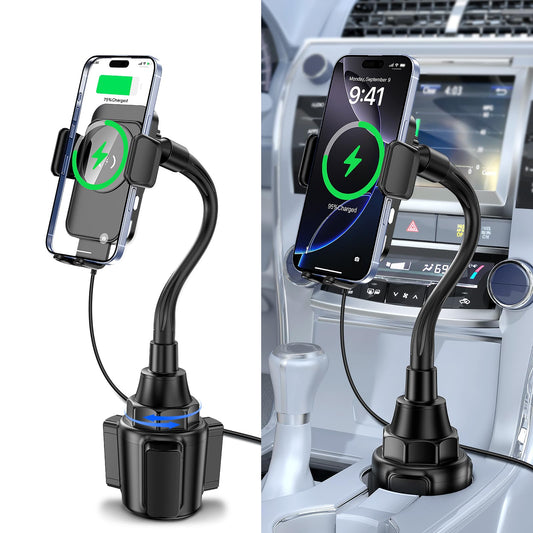 Cup Holder Phone Mount, [Auto Clamping] 2 in 1 Wireless Car Charger Holder Fast Charging, 15W with Quick Extension Long Arm, Fast Swivel Adjustable