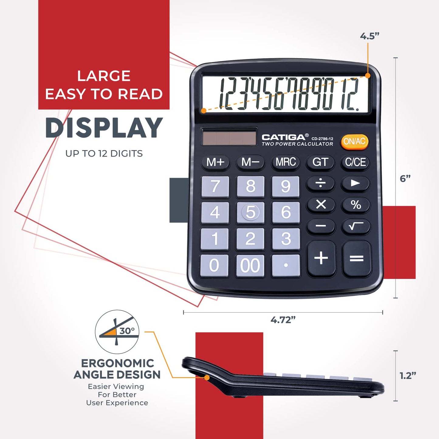 CATIGA 12 Digit Desk Calculator, Desktop Calculators with Large LCD Display & Big Buttons, Dual Power Solar & Battery, Standard Basic 4 Function