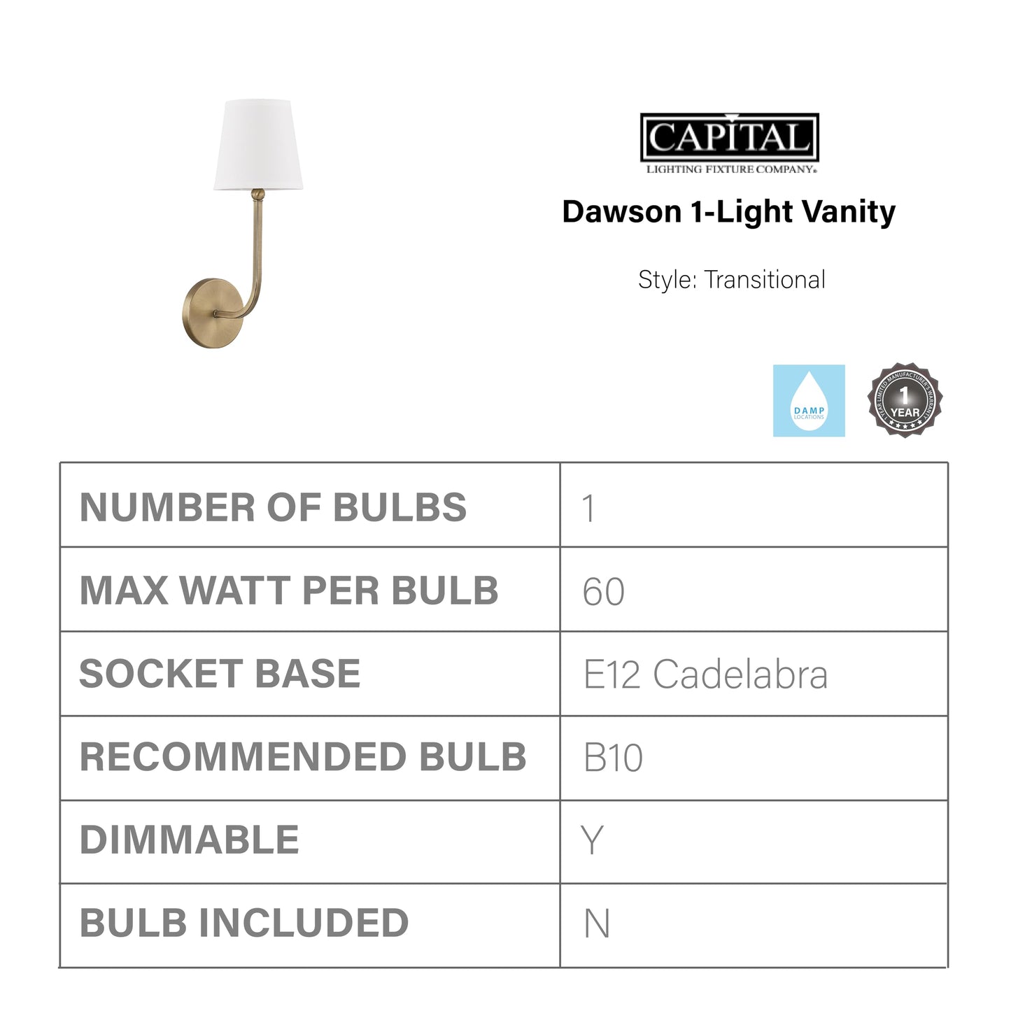 Capital Lighting 619311AD-674 Dawson Decorative White Fabric Stay-Straight Shade Wall Sconce, 1-Light 60 Watt, 17" H x 6" W, Aged Brass