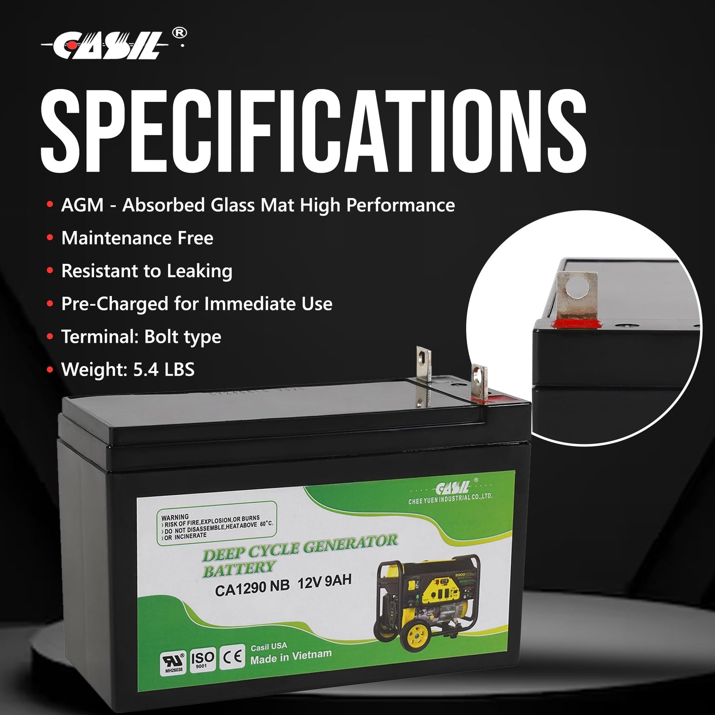 Casil 12V 9Ah Generator Battery - SLA AGM Replacement for Generac GP7500E, XP8000E, XG8000E, 0G9449, HSL1069, 6-FM-9A, HW-9-12