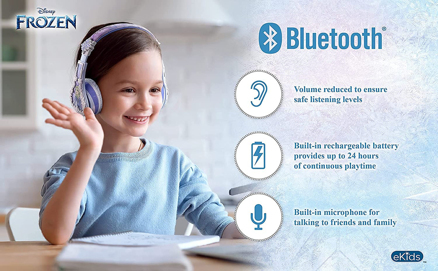 ekids Disney Frozen Kids Bluetooth Headphones, Wireless with Microphone, Includes Aux Cord, Volume Reduced, Foldable for School, Home, or Travel