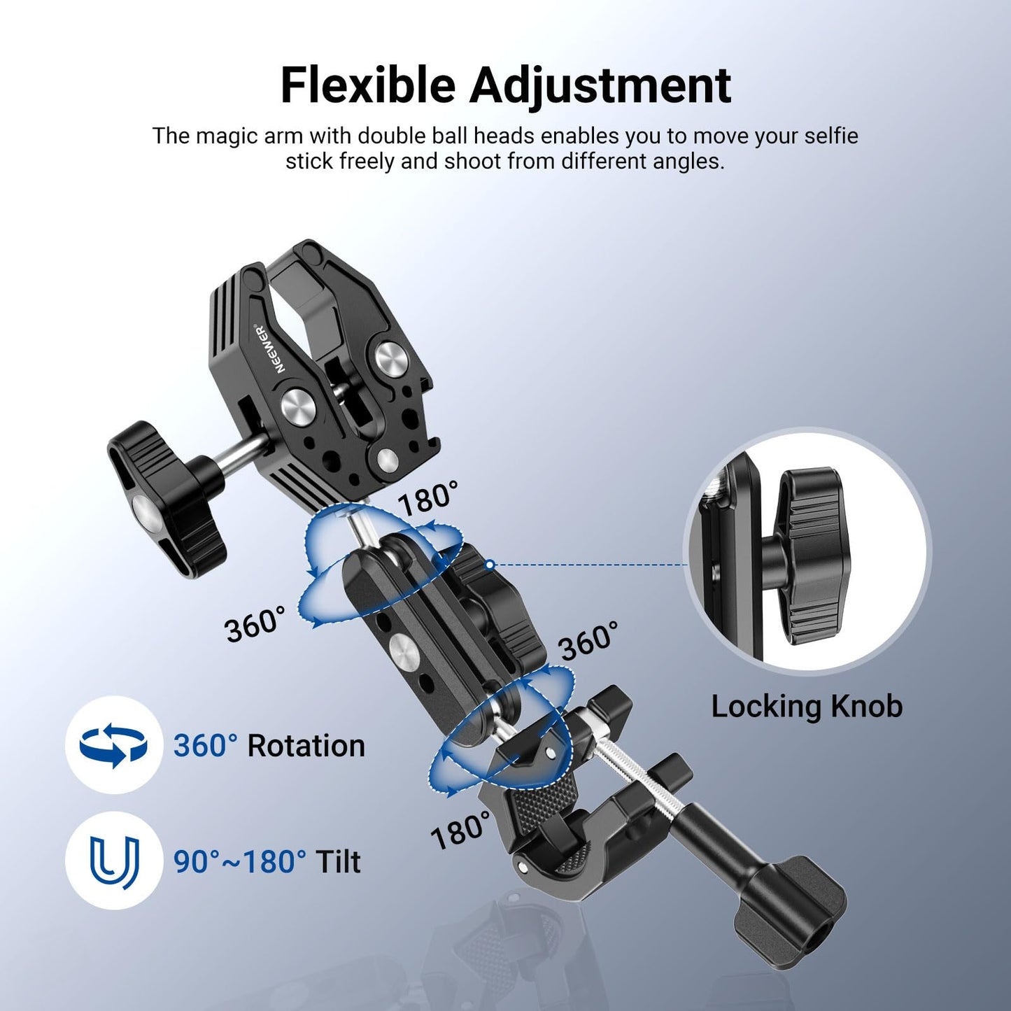 NEEWER Motorcycle Mount Accessories Kit Compatible with GoPro Insta360 DJI, Bike Tail Handlebar Invisible Selfie Stick Double Clamp Holder with Action