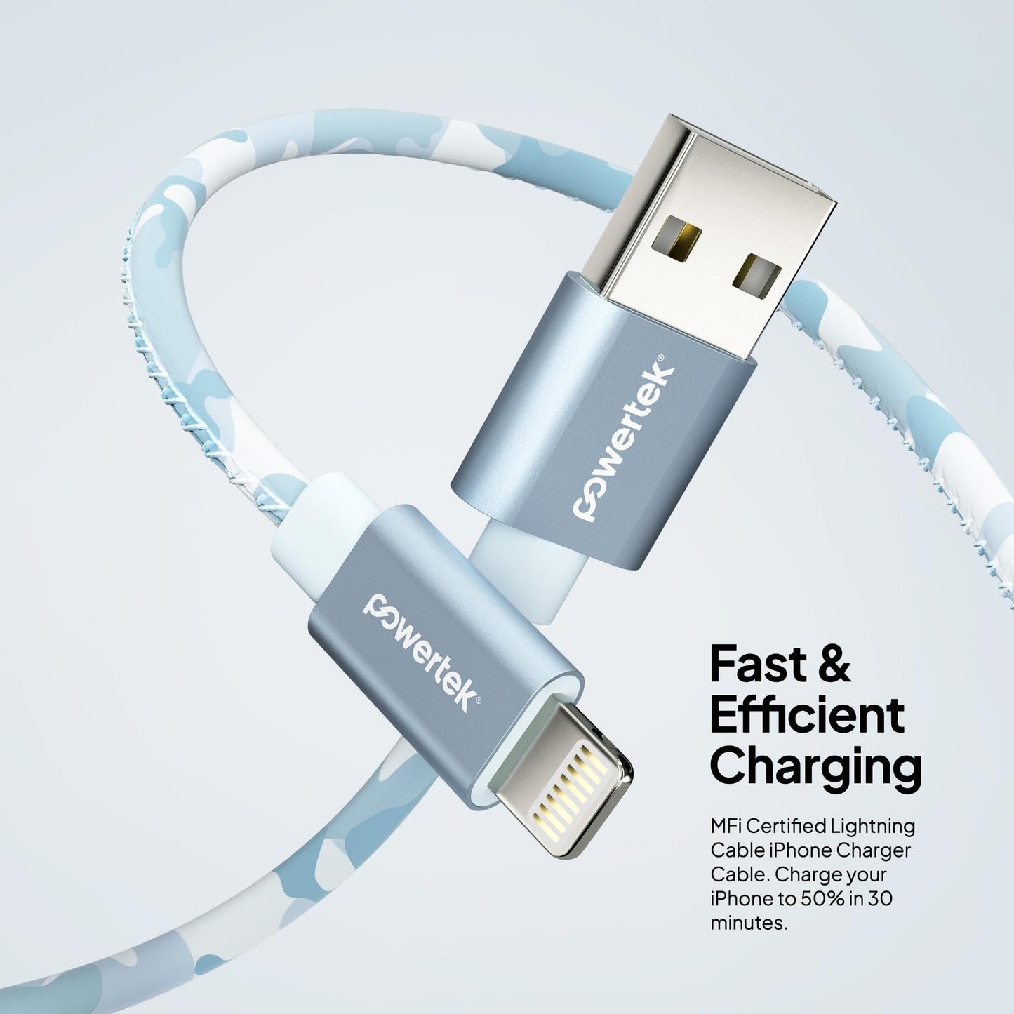 LIQUIPEL Powertek Camo MFi Certified USB to Lightning Charger, 6ft Cable Compatible for iPhone, iPad, and More (Blue)
