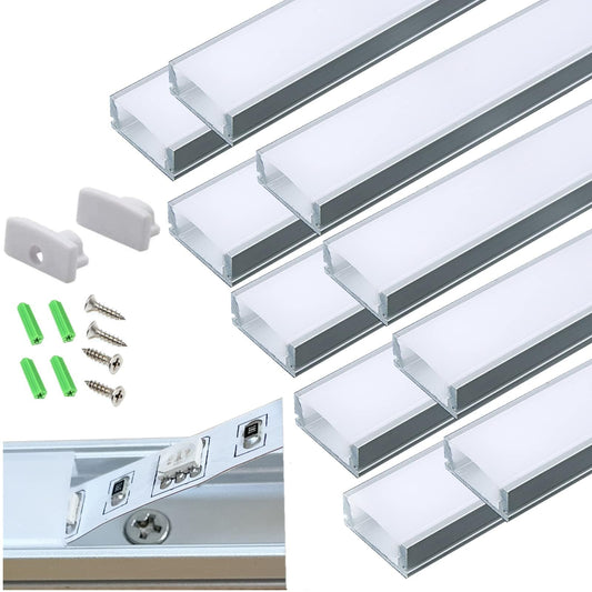 10-Pack Pre-Drilled Countersunk Hole 3.3FT LED Strip U Channel Diffuser, Hacksaw Easy Cut Tight and Flush Mounted Under Cabinet Tape Light Aluminum