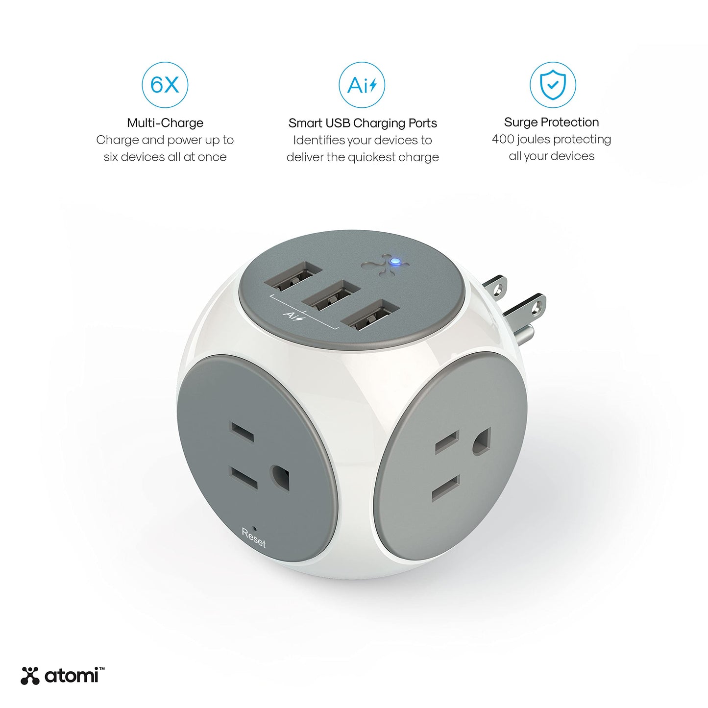 Atomi Power Cube 2-Pack - 3AC Outlets + 3 Smart USB Ports + 5-ft. Cable