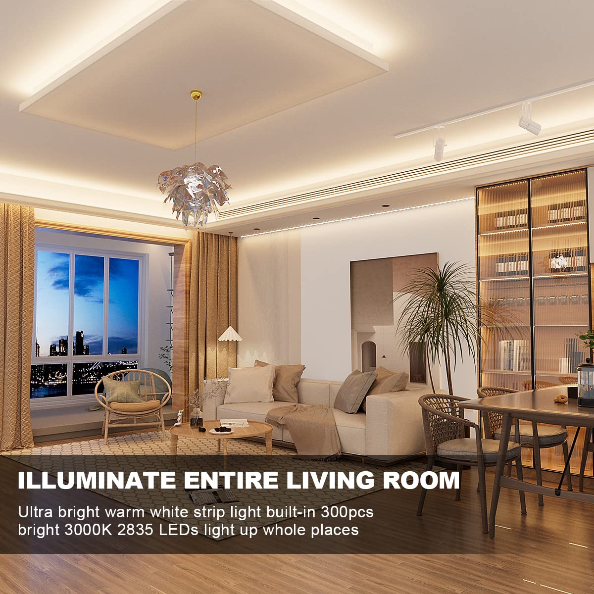 MY BEAUTY LIGHT LED Strip Lights Warm White,16.4ft Dimmable LED Light Strip with RF Remote,300 Bright 3000K 2835 LEDs,Plug-in Adhesive Rope Lights