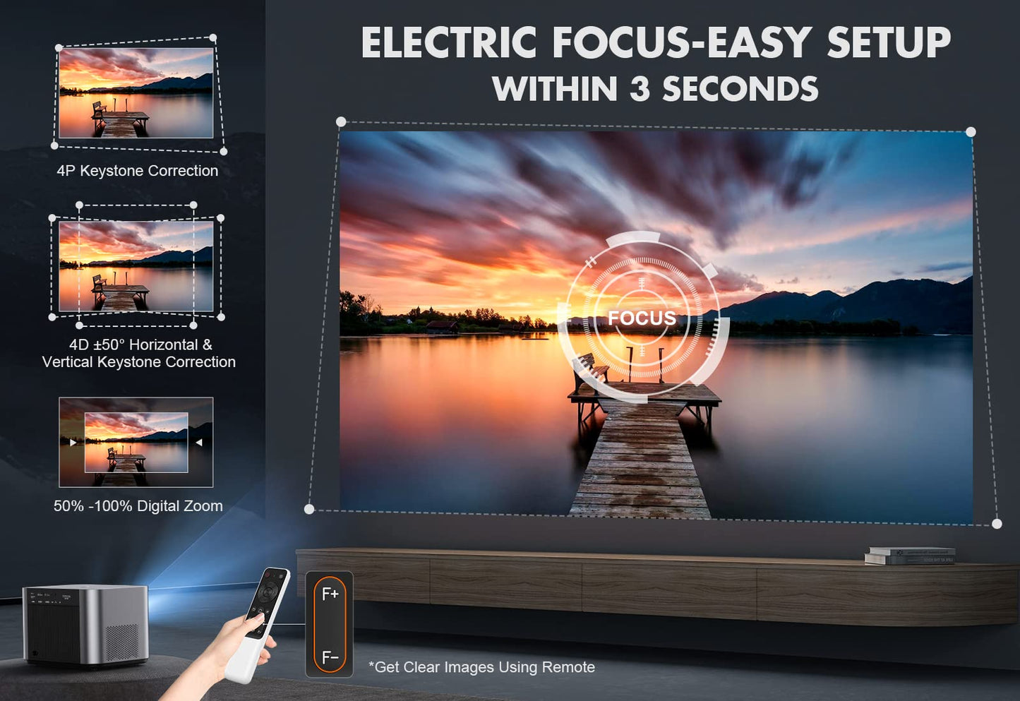 VIZONY FHD 1080P Projector 4K Support, 5G WiFi Bluetooth Projector, Outdoor Projector with Full-Sealed Engine/Electric Focus/4P4D/PPT/Zoom, Home Movie