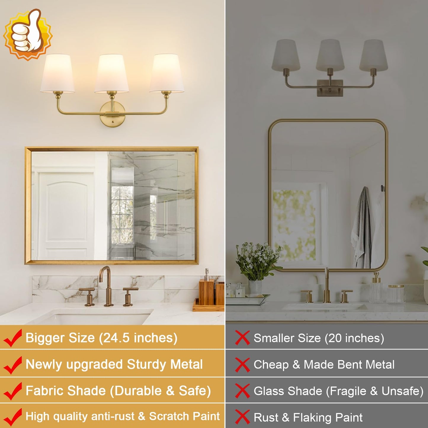 Bathroom Light Fixtures, 3-Light Brushed Gold Vanity Lights, 24.5" Bathroom Lighting Fixtures Over Mirror with White Flared Fabric Shade, Modern Wall