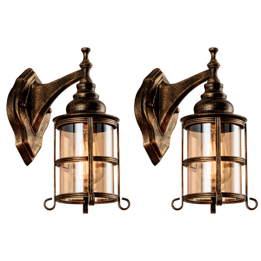 Plfann Rustic Amber Glass Wall Sconce 2-Pack, Bronze Brushed, Industrial Farmhouse Lamp Porch Lighting Waterproof Retro Lamp for Indoor Bedroom Living