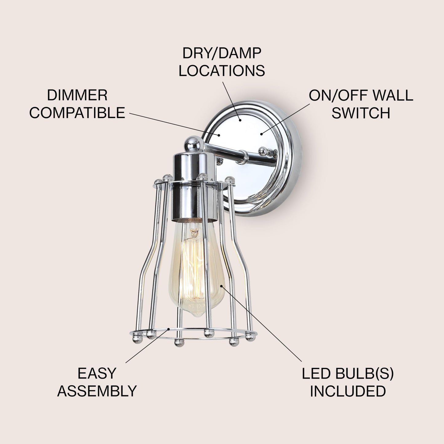 JONATHAN Y 5.13" Chrome Modern Industrial Metal Vanity Light, Bathroom Sconce for Mirror, Reversible 1-Light Wall Lamp with Metal Cage Shade