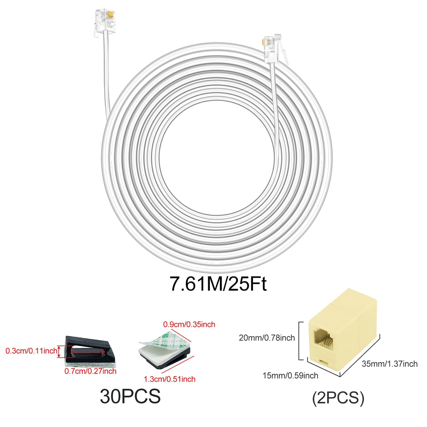 OLIREXD RJ11 Landline System Accessories Include 25FT Extension Phone Cord with 30 Adhesive Cable Clips and 2 6P4C Straight Female to Female Inline