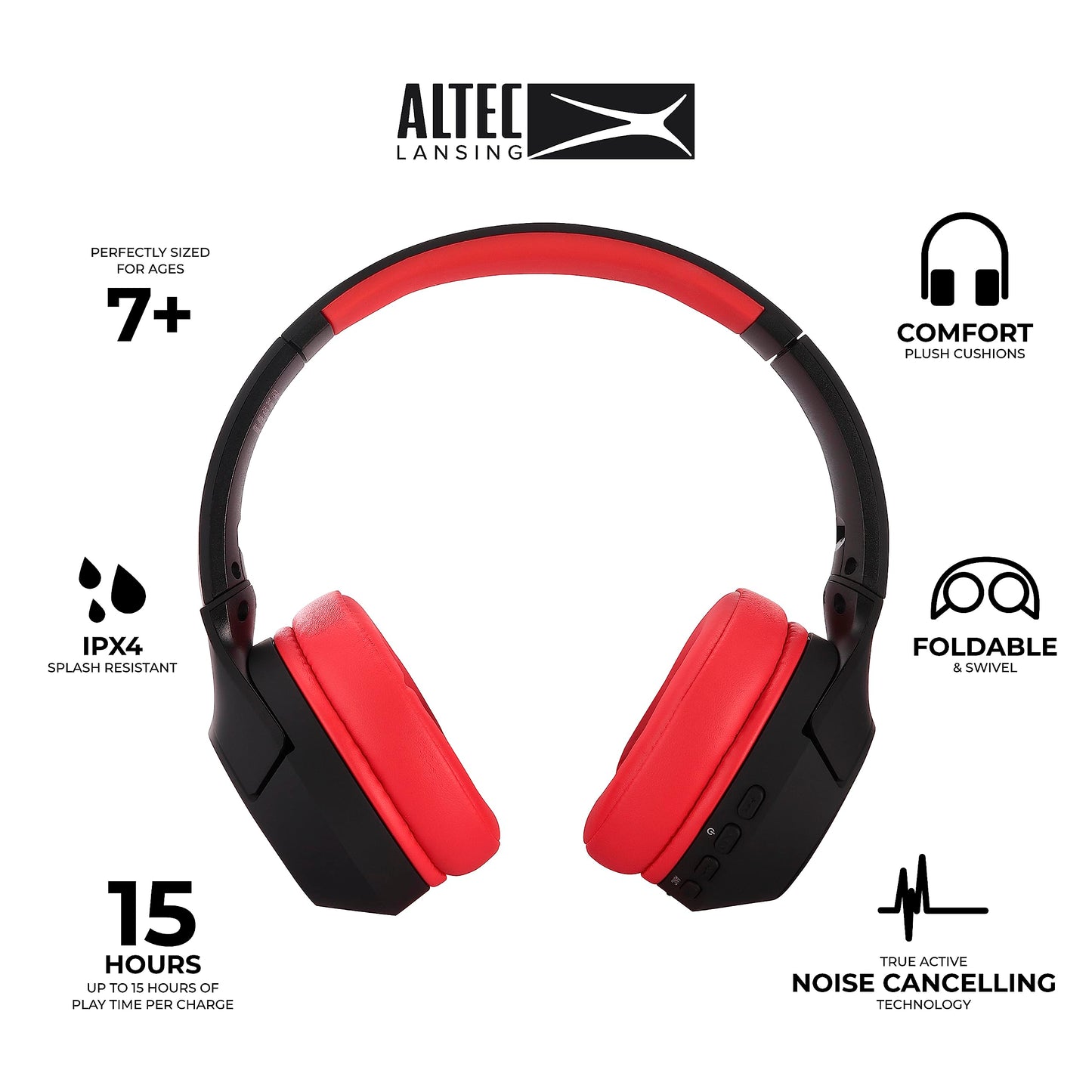 Altec Lansing Kid Safe Noise Cancelling Wireless Headphones 15H Battery, 85dB Volume Limit, Foldable Design Powerful Sound, Active Noise Cancellation…