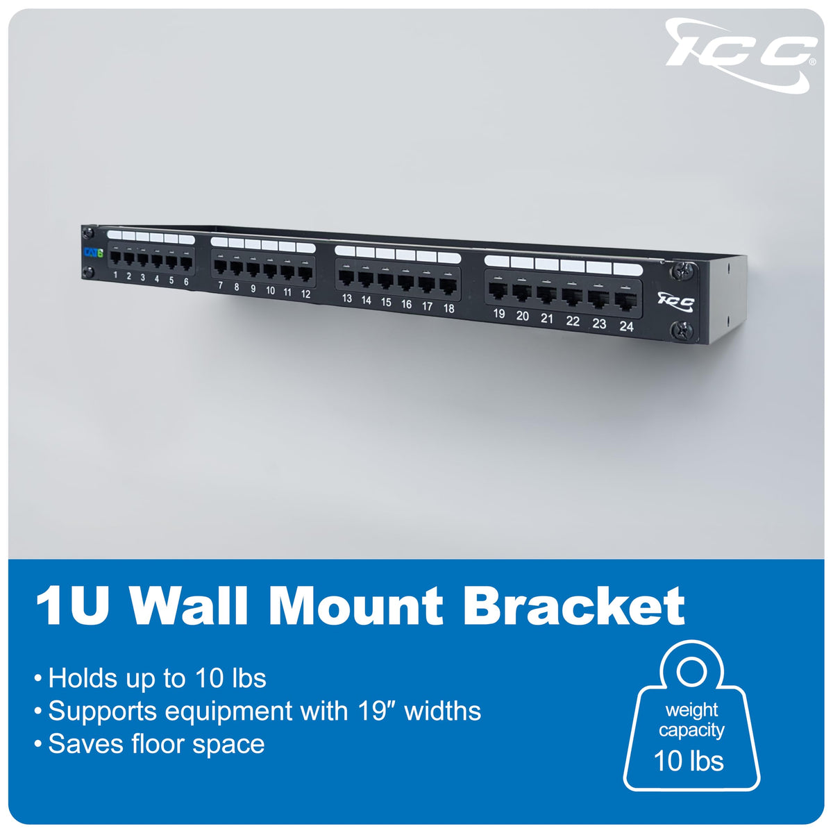 ICC 1U Hinged Wall Mount Rack Bracket, 6" Deep, 10 lb, Black, 2-Pack