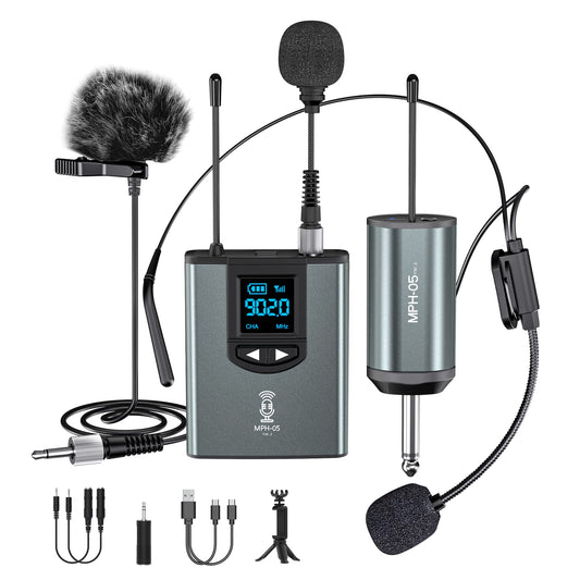 ttstar Wireless Microphone System Headset/Stand/Lavalier Mic with Rechargeable Bodypack Transmitter Receiver for PA Speaker, Camera, Recording