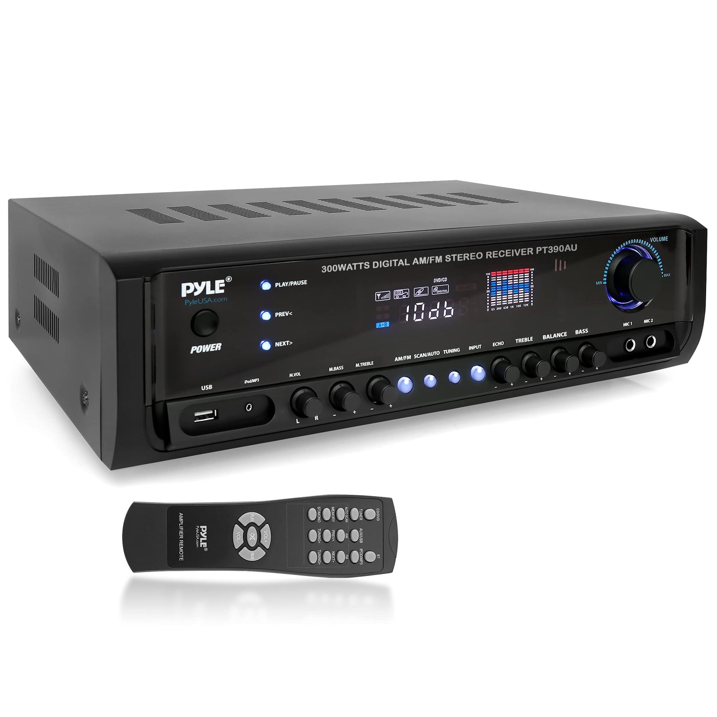 Pyle Home Audio Power Amplifier System - 300W 4 Channel Theater Power Stereo Sound Receiver Box Entertainment w/USB, RCA, AUX, Mic w/Echo, LED, Remote