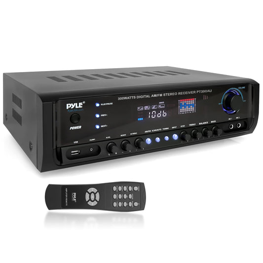 Pyle Home Audio Power Amplifier System - 300W 4 Channel Theater Power Stereo Sound Receiver Box Entertainment w/USB, RCA, AUX, Mic w/Echo, LED, Remote