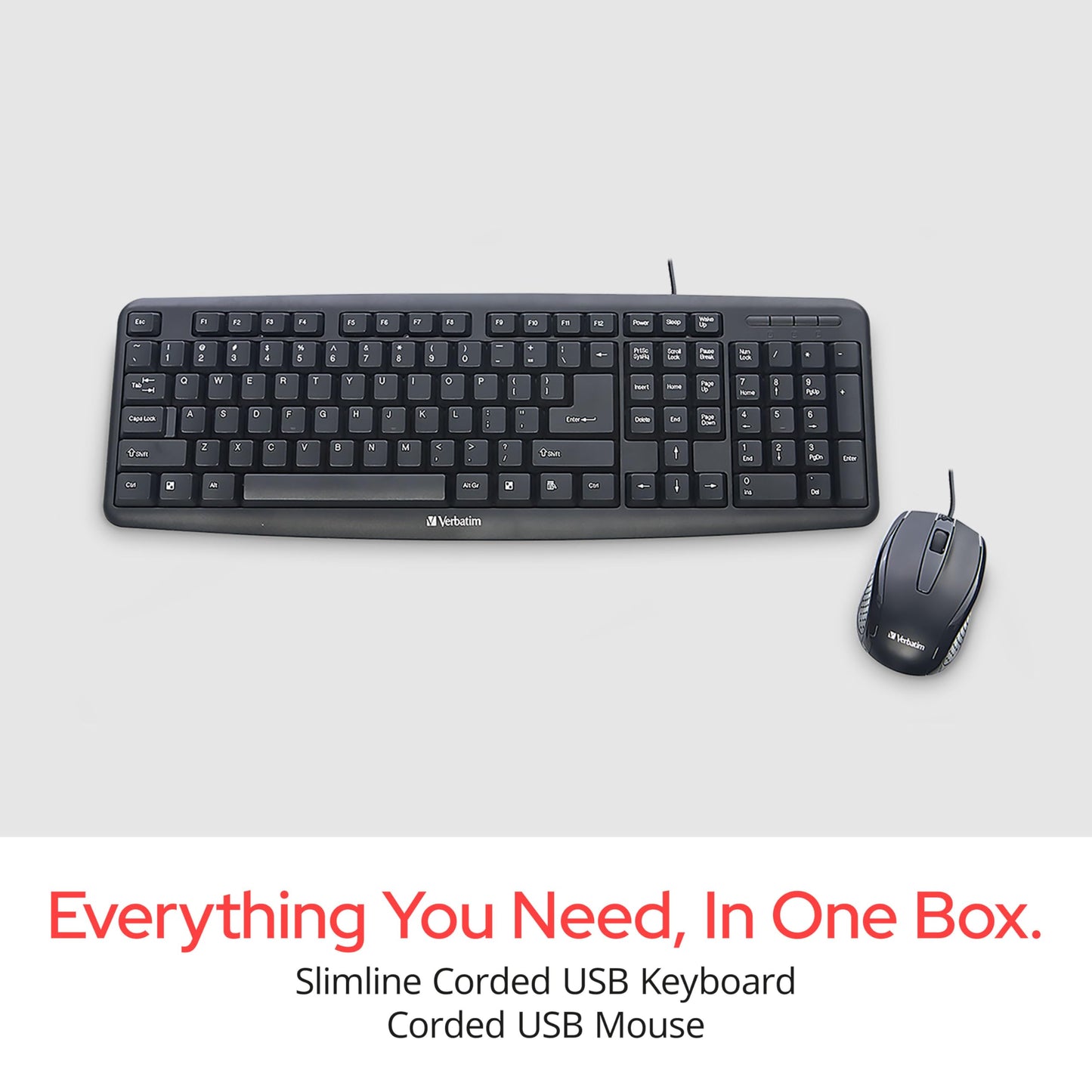 Verbatim Slimline Wired Keyboard and Mouse Combo USB Plug-and-Play Numeric Keypad Adjustable Tilt Legs Optical Corded Mouse Full-Size Computer