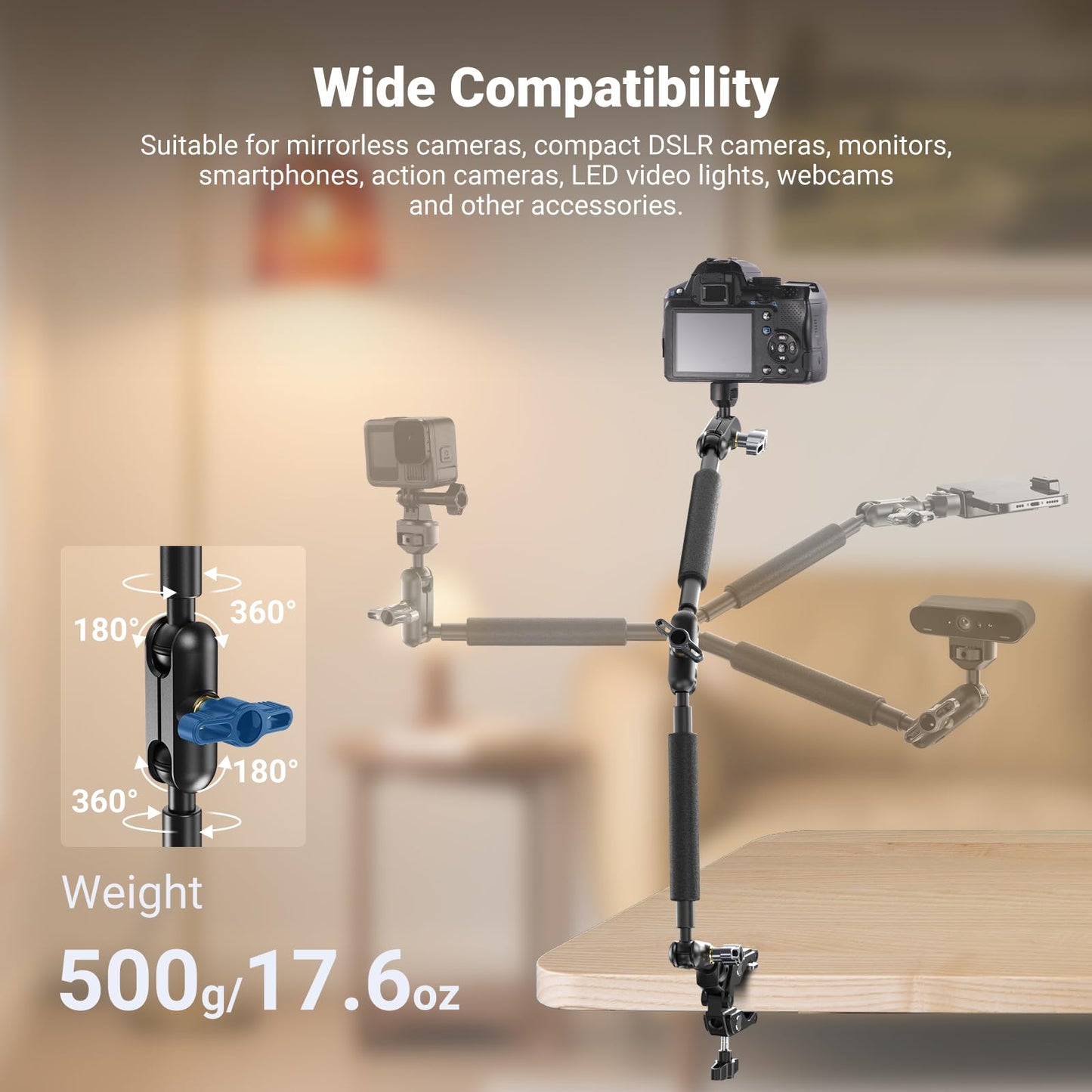 NEEWER 22" Magic Arm w Desk C Clamp, Overhead Camera Mount with Articulating Mic Boom Arm 1/4" 3/8" Threads for ARRI, Desktop Stand Holder for Phone