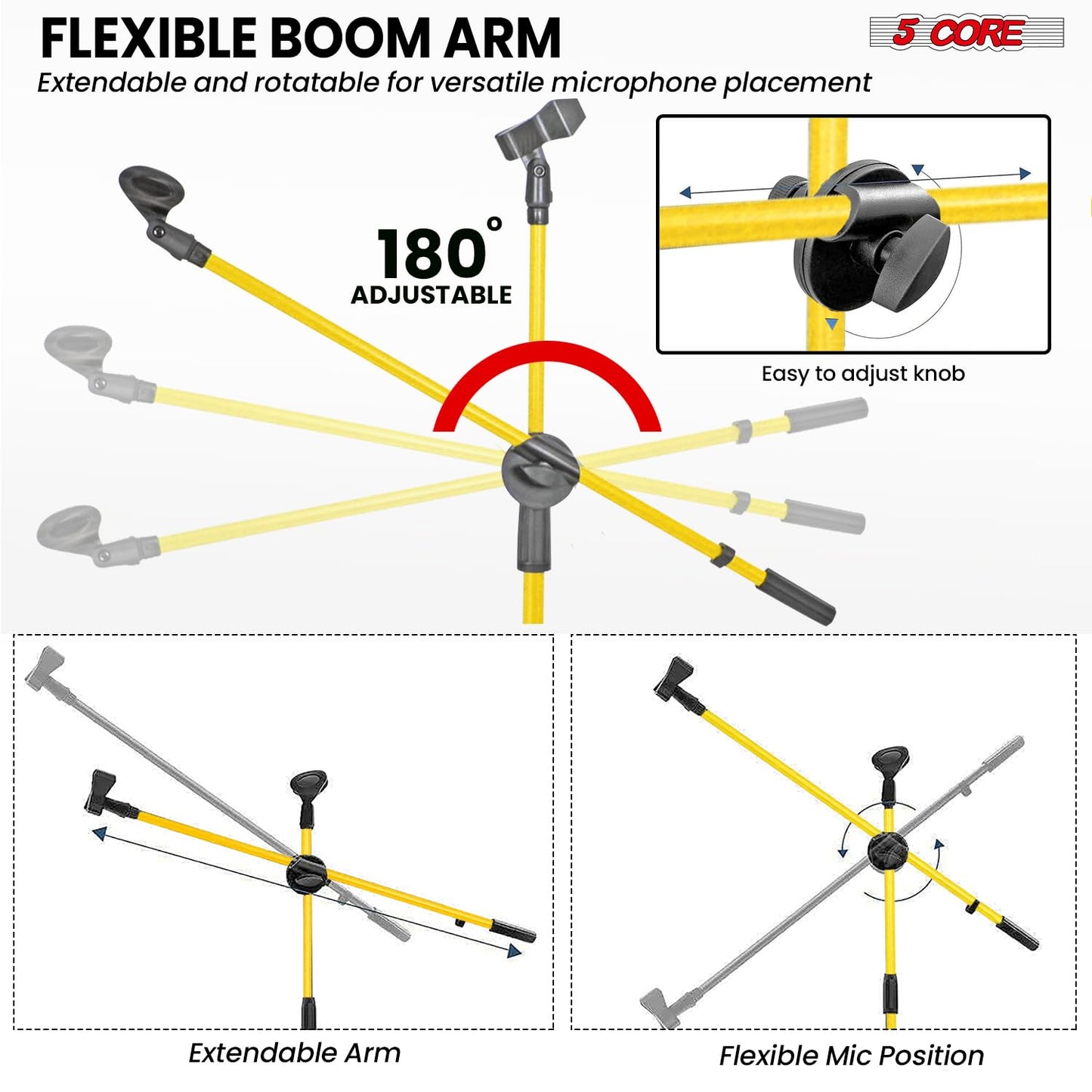 5 Core Microphone Stand Floor 2 Mic Clips Universal Dual Height Adjustable Tripod Mic Stands w Telescoping Boom Arm Foldable Portable w 2 Screws Adapt
