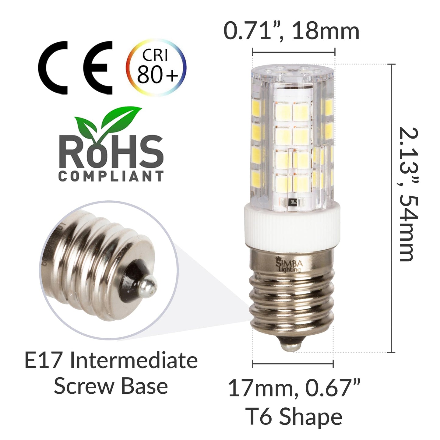 Simba Lighting LED T6 4W Microwave Appliance Light Bulb E17, 6000K, 2 Pack
