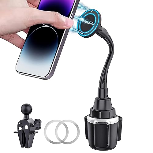 Cup Holder Phone Mount for Car, Magnetic - Designed for MagSafe, Secure Magnetic Hold, Stable Expandable Base, Flexible Reinforced Gooseneck