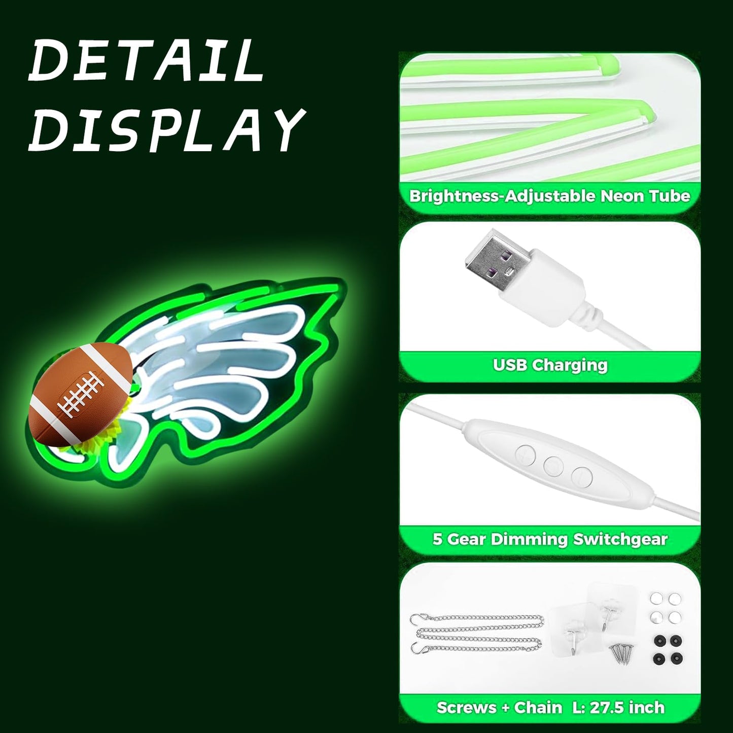 Football Team Neon Sign for Wall Decor,Eagle Neon Signs,LED Neon Light for Man Cave Birthday Gifts for Rugby Fans Green Light Up Sign for Bedroom