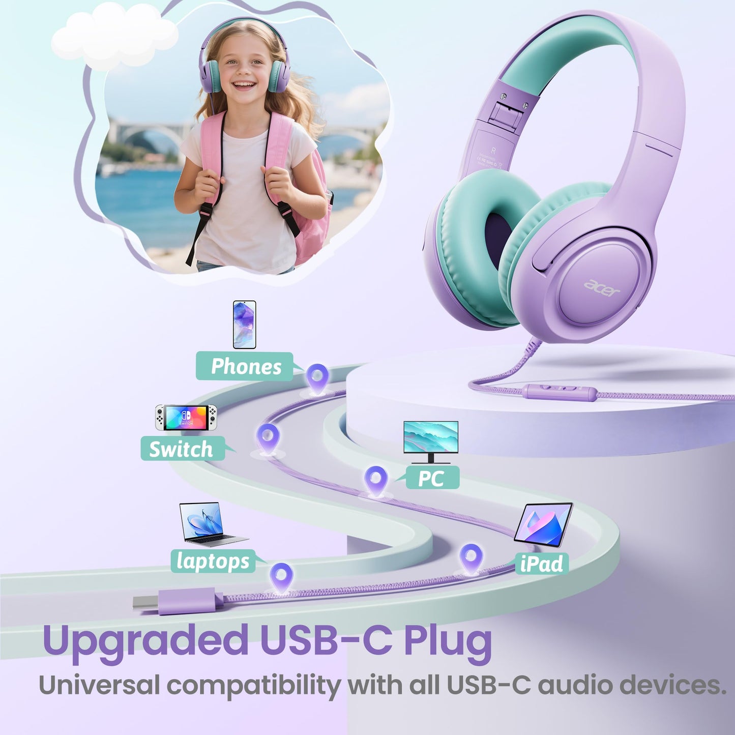 Acer USB?C Kids Headphones for School, 85?94dB Limiter, w/Mic HK03C