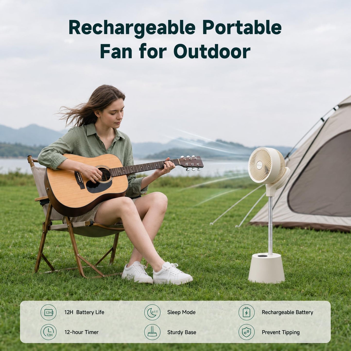 HZTzone Rechargeable Smart Pedestal Fan, 20dB Quiet 360° Oscillating Fan | DC Motor Wi-Fi App & Remote Control, 6 Speeds, 8-12Hrs Built-in Battery