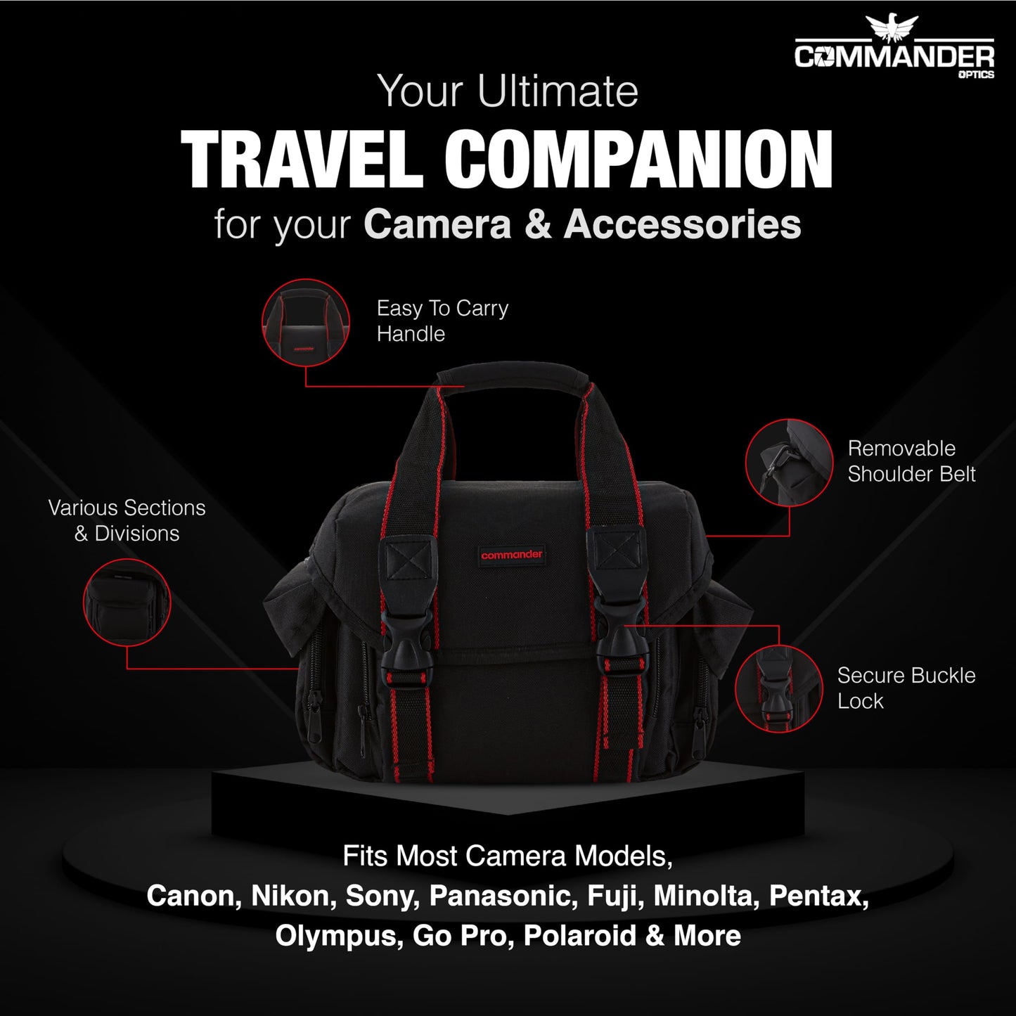 COMMANDER OPTICS Large Camera Bag - Water Resistant, Soft Padded, Spacious Travel Bag for Canon EOS, Nikon, Sony & More DSLR Cameras/Camcorders Ample