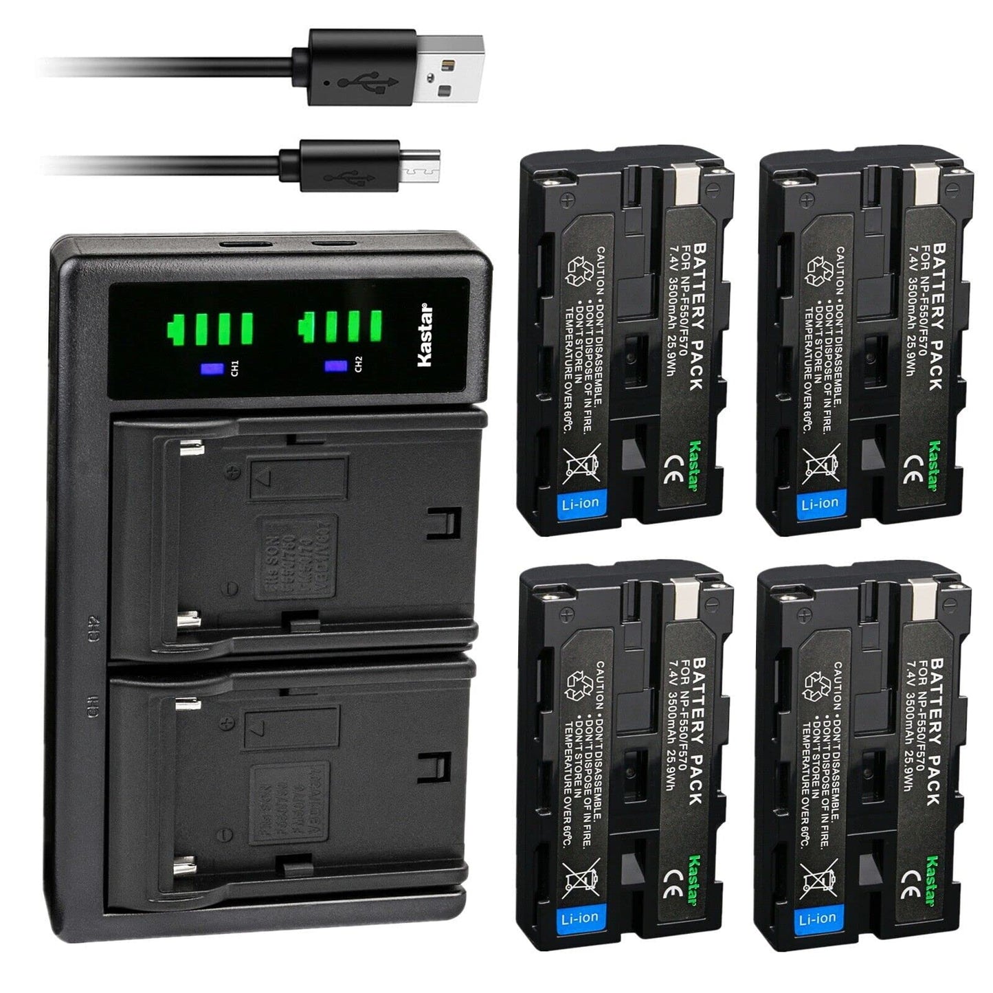 Kastar 4-Pack NP-F580 Battery 7.4V 3500mAh and LTD2 USB Charger Replacement for L Series NP-F530 NP-F550 NP-F570 NP-F750 NP-F770 NP-F930 NP-F950