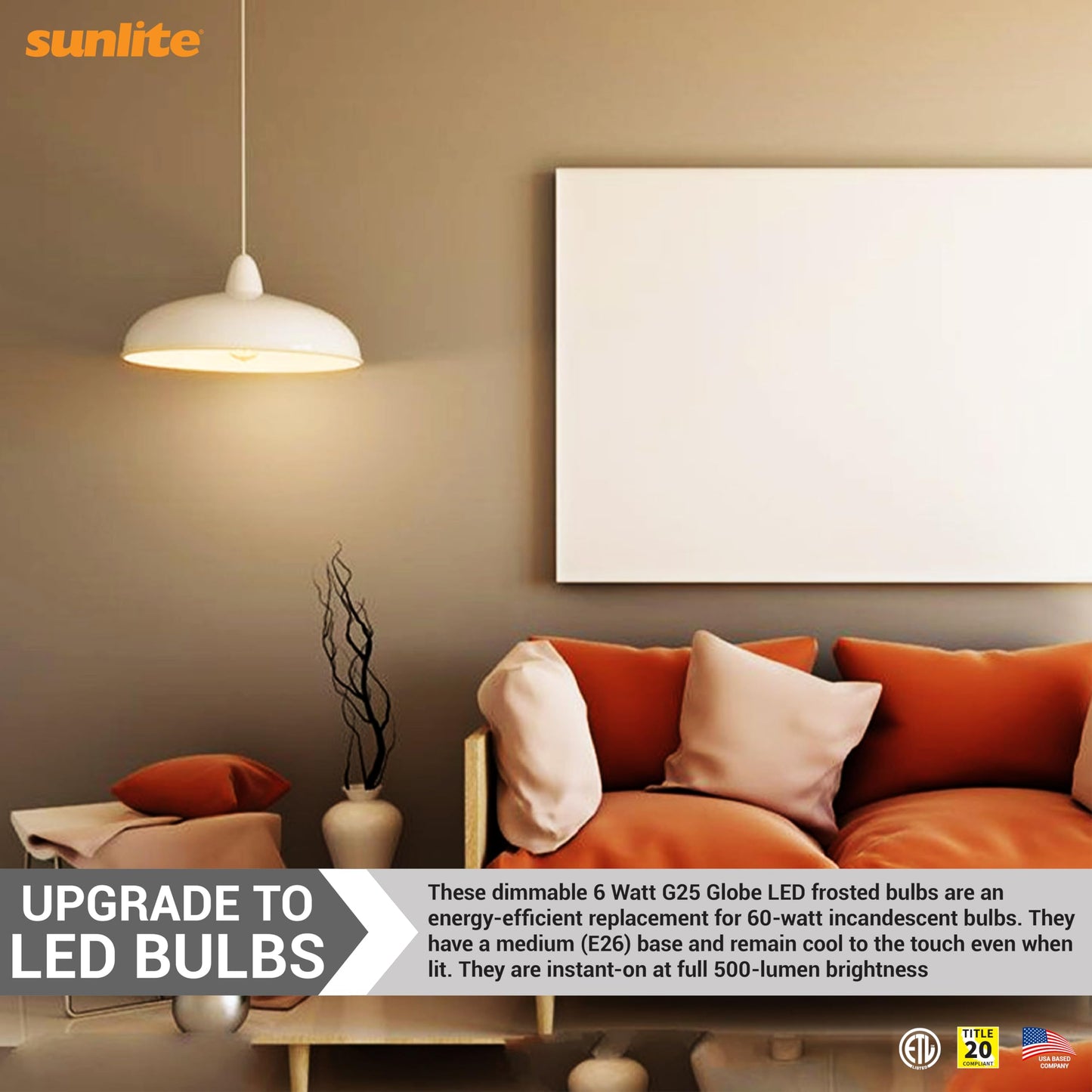 Sunlite LED G25 Globe Light Bulb, 6 Watts (60W Equivalent), Standard E26 Base, 500 Lumens, Dimmable, Frosted, 90 CRI, Title-20 Compliant, ETL Listed
