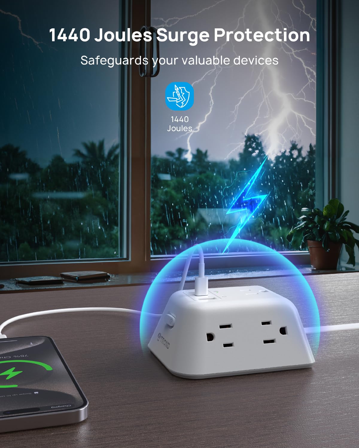 TROND 15ft Long Extension Cord, Ultra Thin Flat Plug Power Strip, 5 Widely-Spaced AC Outlets and 3 USB Ports, 1440J Surge Protector, 3-Sided Wall