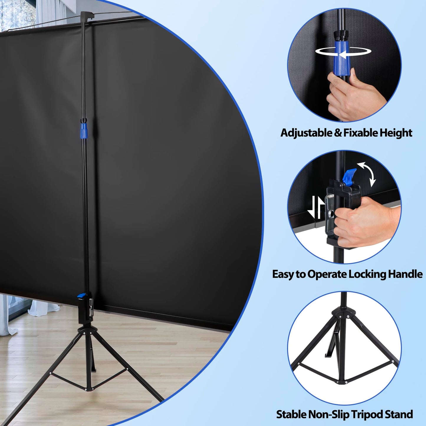 Epetlover 84 inch Projector Screen with Stand Portable Outdoor Movie Night Kit, 16:9 HD 4K Wrinkle-Free Tripod Screen with Carry Bag and Stakes