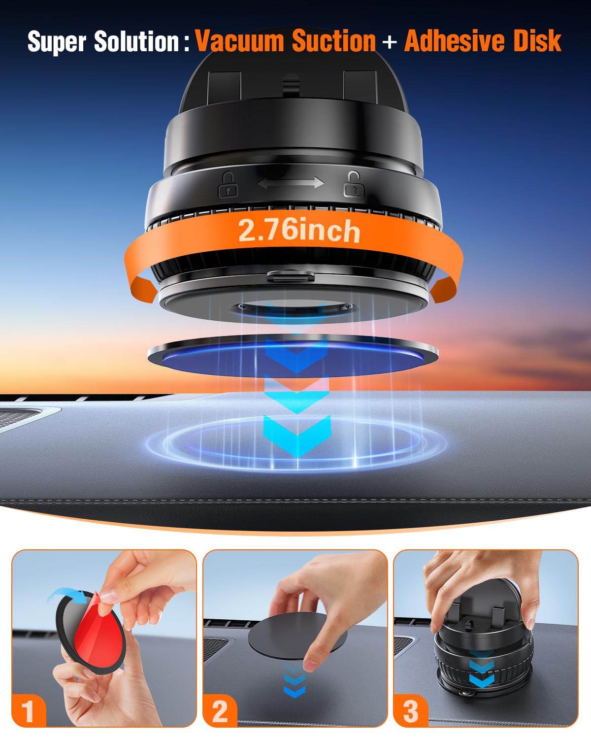 pop-tech Car Suction Dashboard Phone Holder:?360° Rotating & 30° Adjustable? Vacuum Suction Cup Cell Phone Mount with Anti-Slip Spring Snap, Vehicle