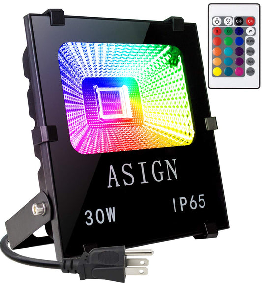 ASIGN 30W RGB LED Flood Lights, Indoor Outdoor Decoration Light Waterproof Color Changing LED Security Light with Remote Control, Dimmable Wall Washer