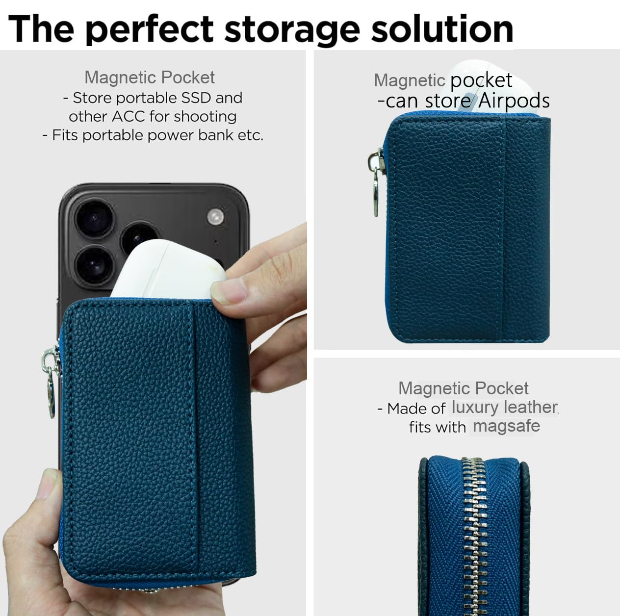 Strong Magnetic for MagSafe Wallet Pouch / Pixelsnap, Zipper Pocket Large Capacity for Earpod/Earphone/Car Keys & More, 3 Card Slots RFID Block
