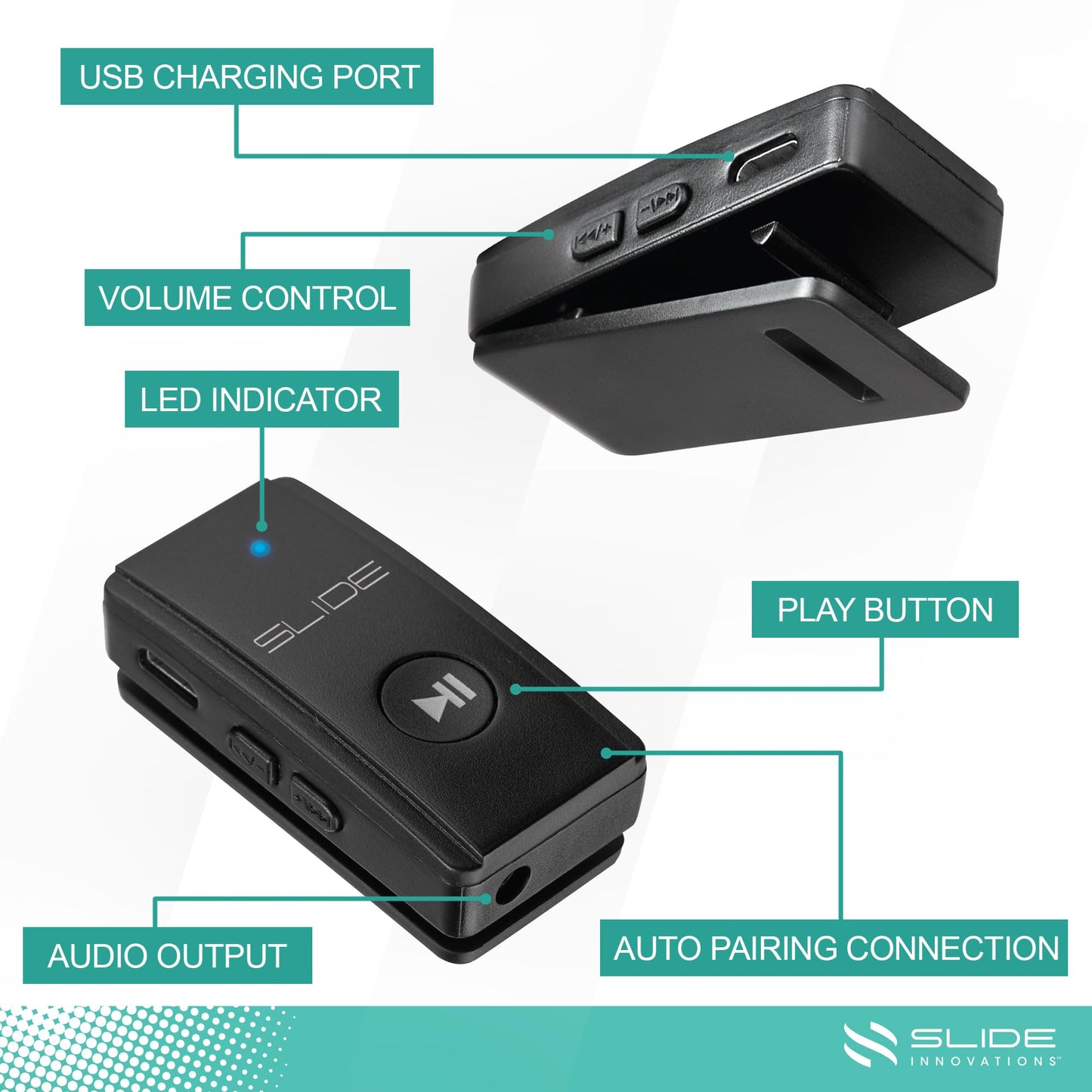 SLIDE Clip On Mini Wireless Microphone for iPhone, Android & Tablet - Bluetooth Lavalier Mic with 3.5mm Aux, Rechargeable Lapel Microphone for